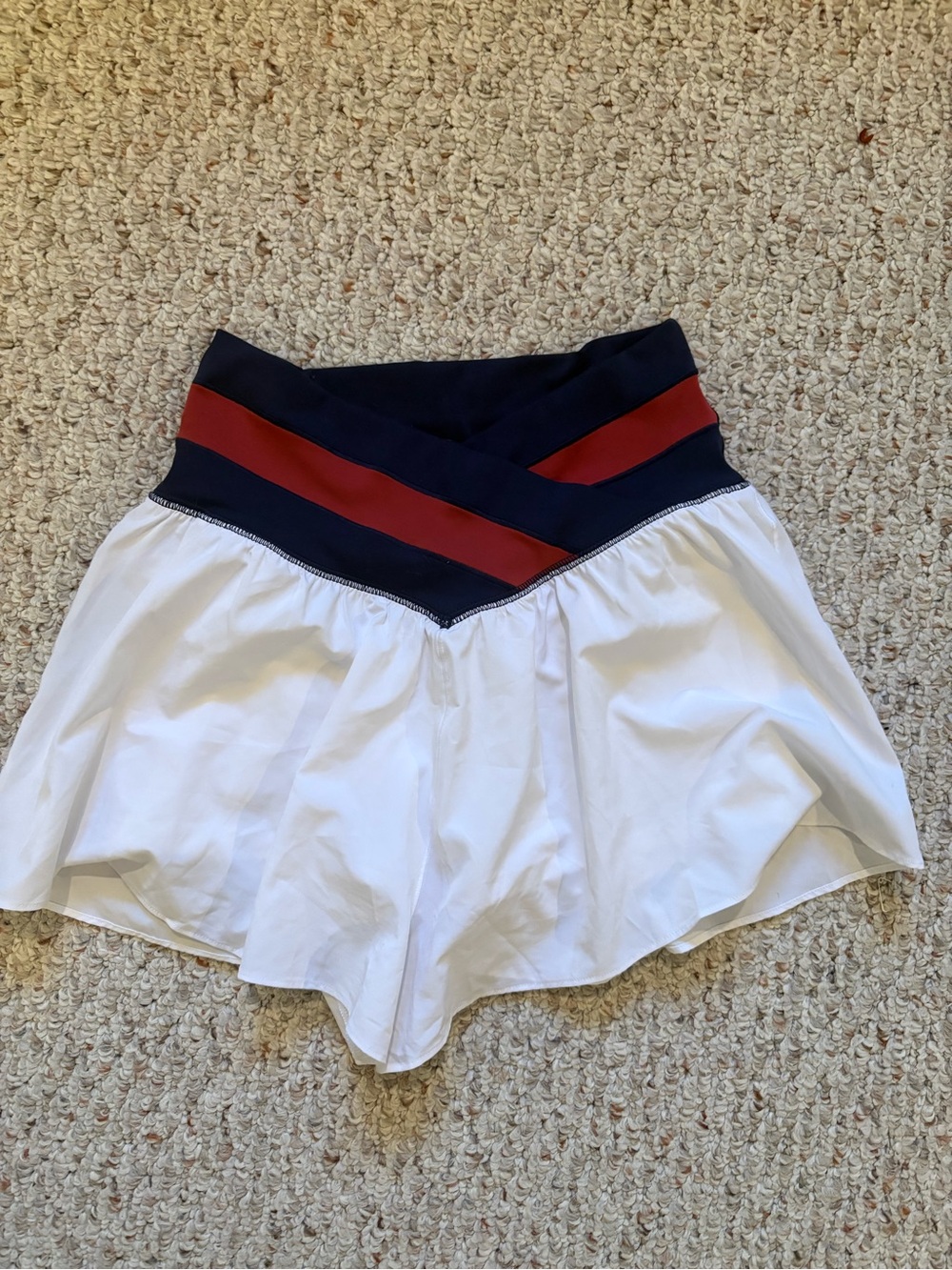aerie crossover White Athletic shorts with Navy Waistband and Red Stripe